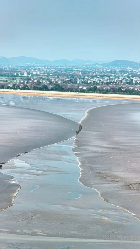 Panoramic View of Qiantang River Tidal Bore Tree Patterns Zhejiang China Stockbeeldmateriaal 342603257