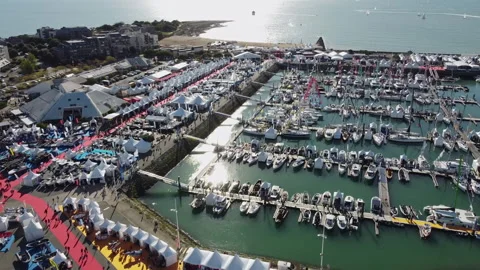Panoramic view from a quadcopter over the Cannes boat show 2021 Stock Footage 165985579