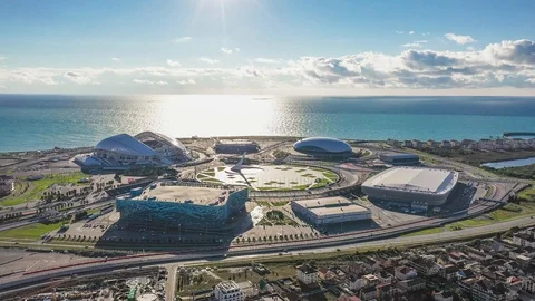 Panoramic view from the quadrocopter to the Sochi Olympic Park. Aerial. Stock Footage 99849824