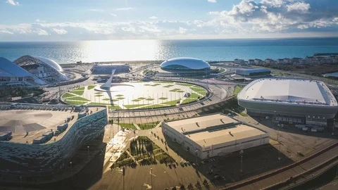 Panoramic view from the quadrocopter to the Sochi Olympic Park. Aerial. Video stock 99850095