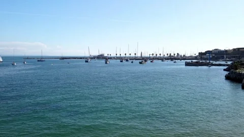 Panoramic view of Queen’s Beach (Praia da Rainha) with many boats Stock Footage 307209993