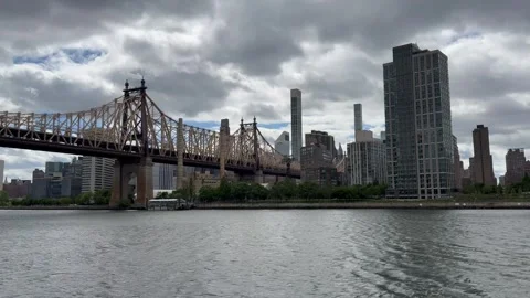Panoramic view of Queensboro bridge and Roosevelt island.  New York City skyline Stock Footage 336502879