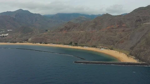 Panoramic view quiet harbor at resort on volcanic mountains Stock Footage 102157517