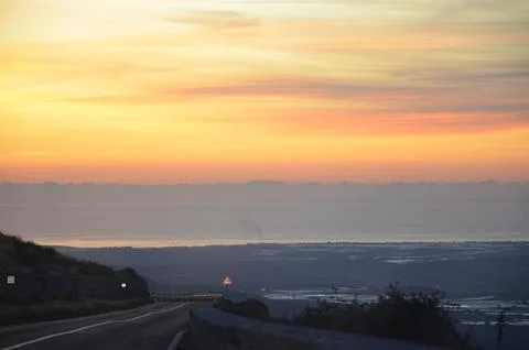Panoramic view of the Ragusa plain and the southern Sicilian coast at sunri.. Stock Photos