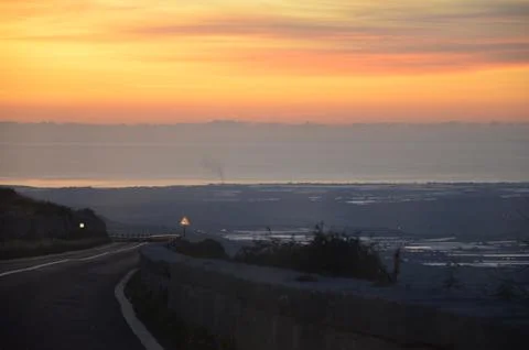 Panoramic view of the Ragusa plain and the southern Sicilian coast at sunri.. Stock Photos
