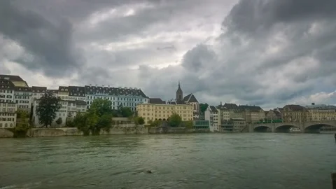Panoramic view before the rain on the river Rhine. Switzerland. Basel.  Stock Footage 90093795