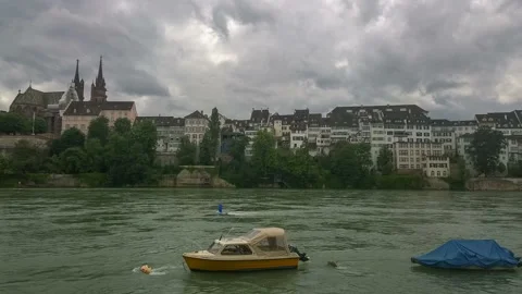 Panoramic view before the rain on the river Rhine. Switzerland. Basel.  Stock Footage 90294491