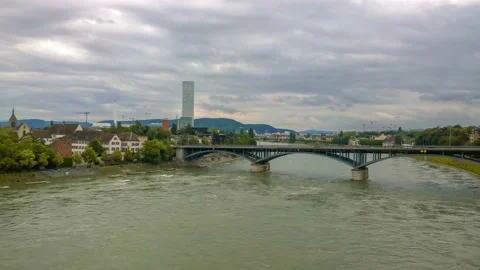 Panoramic view before the rain on the river Rhine. Switzerland. Basel.  Stock Footage 90294638