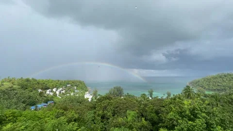 Panoramic View Of Rainbow Over Turquoise Sea And Lush Tropical Hills In Phuket Видео 347967465