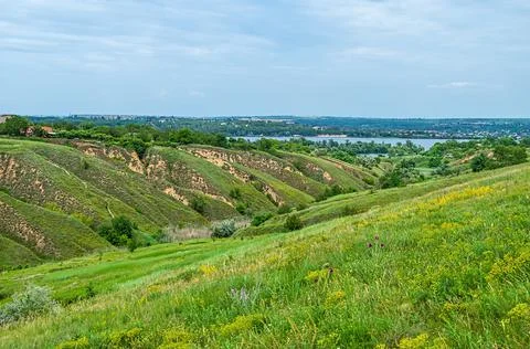 Panoramic view of ravine with access to the river Stock Photos