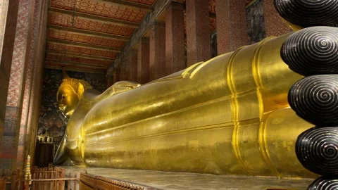 Panoramic view of the Reclining Buddha in Wat Pho temple, Bangkok, Thailand 4K Stock Footage 175226516
