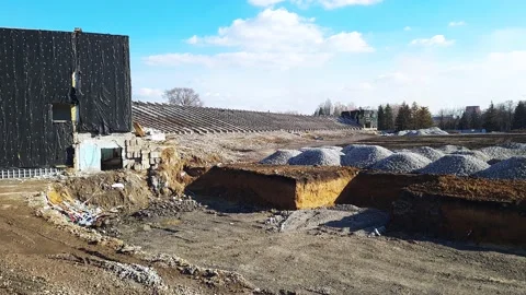 Panoramic view of reconstruction works of stadium building. Stock Footage 151171372