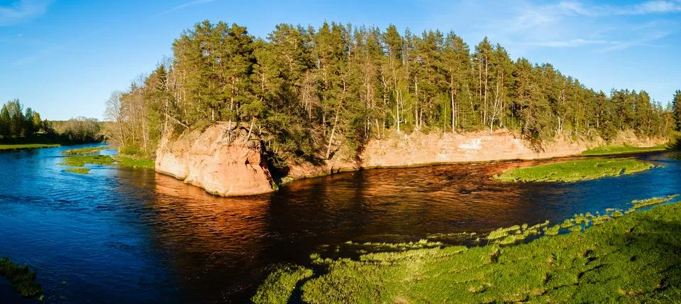 Panoramic view of the red cliffs along the riverbank in latvia with lush fo.. Stock-Fotos