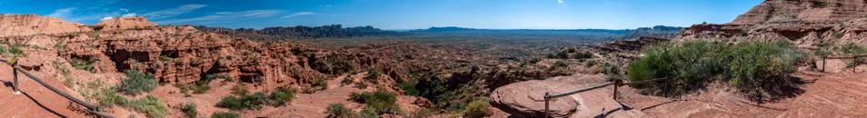 Panoramic view of red cliffs of sandstone in Sierra de las Quijadas National Stock Photos