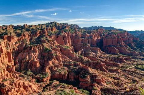Panoramic view of red cliffs of sandstone in Sierra de las Quijadas National Stock Photos