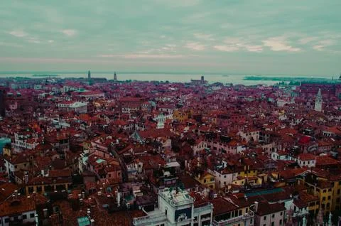 Panoramic View  Red Rooftops and Historic Features in Venice Stock Photos
