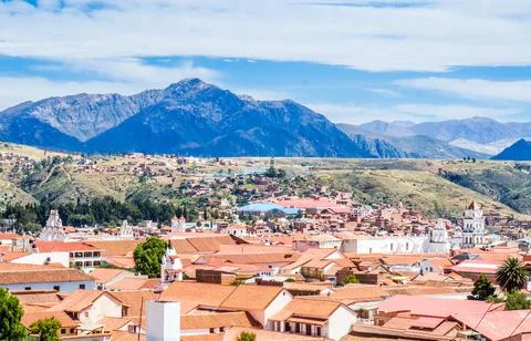 Panoramic view of red tile roofs and white walls buildings at sucre white city Stock Photos