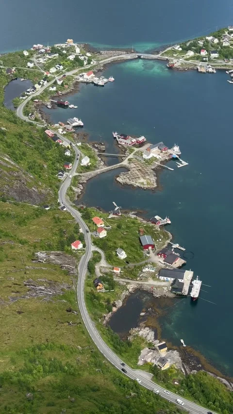 Panoramic view from Reinebringen mountain overlooking Reine village Stock Footage 332875170