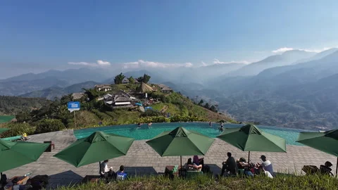 Panoramic view of resort swimming pool in Sapa Stock Footage 296266149