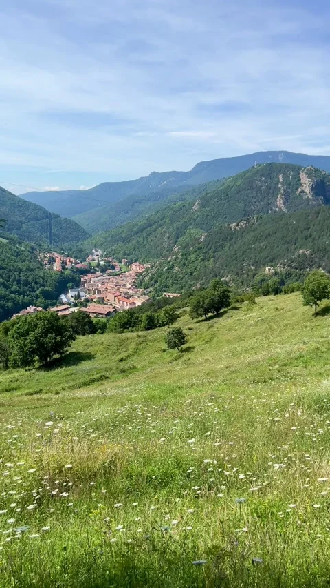 Panoramic view of Ribes de Freser town nestled in the mountains Stock Footage 344412447