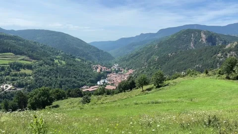Panoramic view of Ribes de Freser mountain town in the Pyrenees Stock Footage 344412448