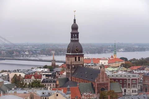 Panoramic view of Riga Cathedral with Riga Castle and Daugava River Stock Photos