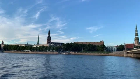 Panoramic view of Riga city skyline from moving boat. Riga, Latvia Stock Footage 220458027