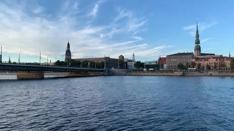 Panoramic view of Riga city skyline from moving boat. Riga, Latvia Stock Footage 220458104