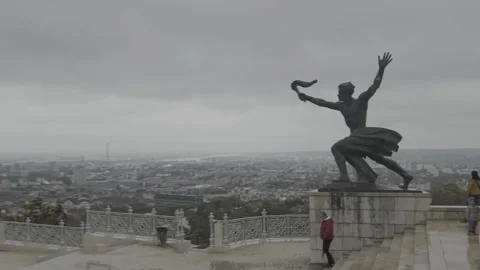 Panoramic view with the right statue on the bottom of Liberty Statue, Budapest Stock Footage 166090569
