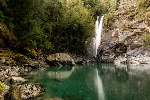 Panoramic view of the rio blanco waterfall in hornopiren national park Stock Photos