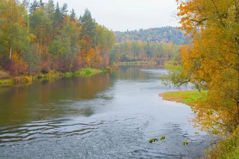 A panoramic view of the river and its banks in Sigulda city autumn Stock Photos
