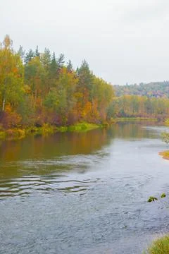 A panoramic view of the river and its banks in Sigulda city autumn Stock Photos