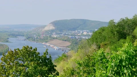 Panoramic view of the river and the mountain from the hill. Stock Footage 188284363