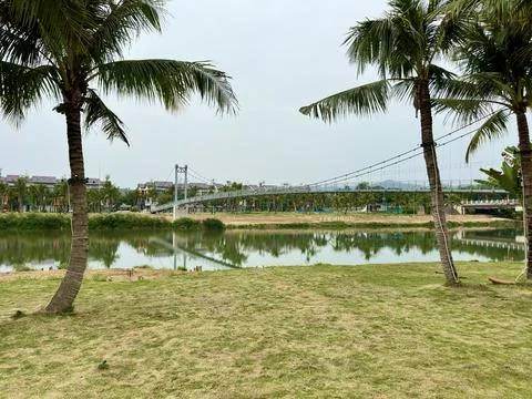 Panoramic view of the river and villa rows from the opposite side of Flamingo Stock Photos