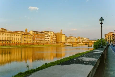 Panoramic view of the river Arno and the historic building in Florence, Italy Stock Photos