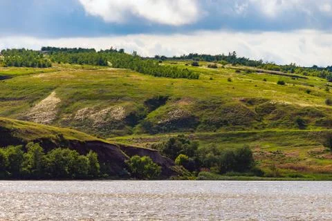 Panoramic view of the river Don and hills, slopes, steppe coast, gully, ravin Stock Photos