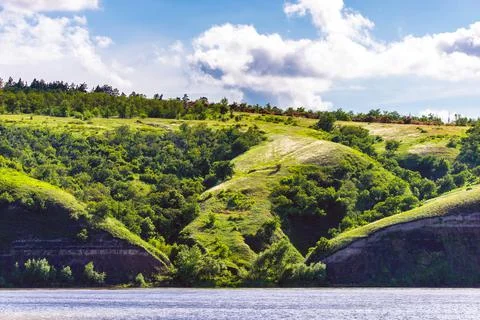 Panoramic view of the river Don and hills, slopes, steppe coast, gully, ravin Stock Photos