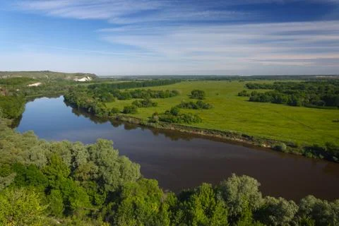 Panoramic view of the river Don from the mountain from the chalk in central R Stock Photos