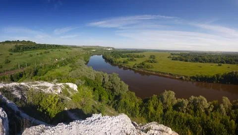 Panoramic view of the river Don from the mountain from the chalk in central R Stock Photos