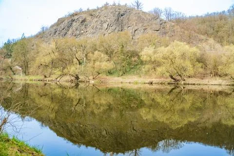 Panoramic view of river with emerald water and boats in the early spring Stock Photos