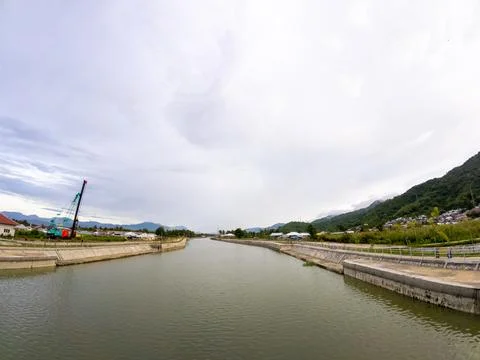 Panoramic View of River Landscape with Mountains 스톡 사진