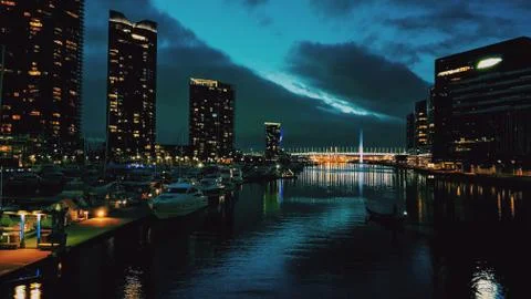 Panoramic view of a river in the middle of city at dawn Photos
