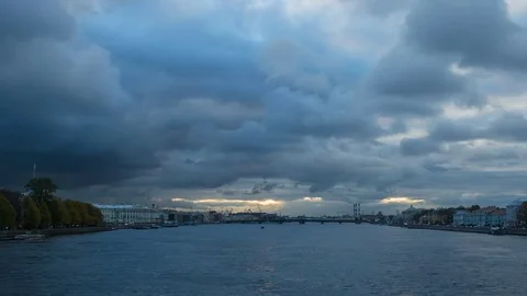 Panoramic view on river Neva at evening. Time lapse Video stock 81668045