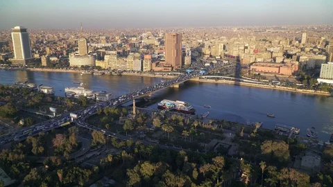 Panoramic view river Nile and central Cairo at sunset Stock Footage 129617813