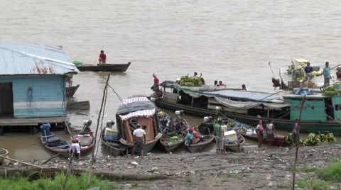 Panoramic view of a river port on the Amazon during the dry season Stock Footage 68703417