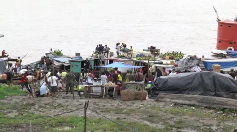 Panoramic view of a river port on the Amazon during the dry season Stock Footage 68703493