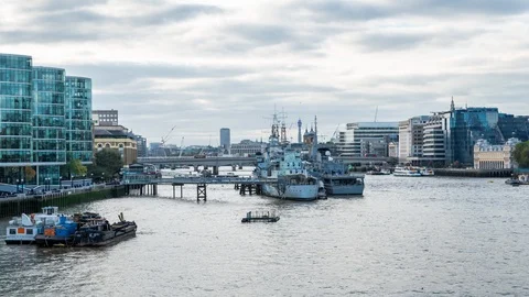 Panoramic view River Thames, HMS Belfast battleship. Time lapse. London, UK Stock Footage 104037969