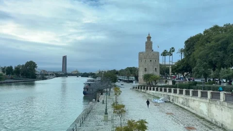 Panoramic view of the river with the Torre del Oro in Seville Stock-Footage 300903244