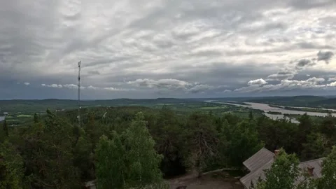 Panoramic view of river valley and telecom tower in Lapland forest Stock-Footage 340653403