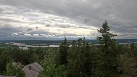 Panoramic view of river valley and dense boreal forest from mountain peak Stock-Footage 340653408